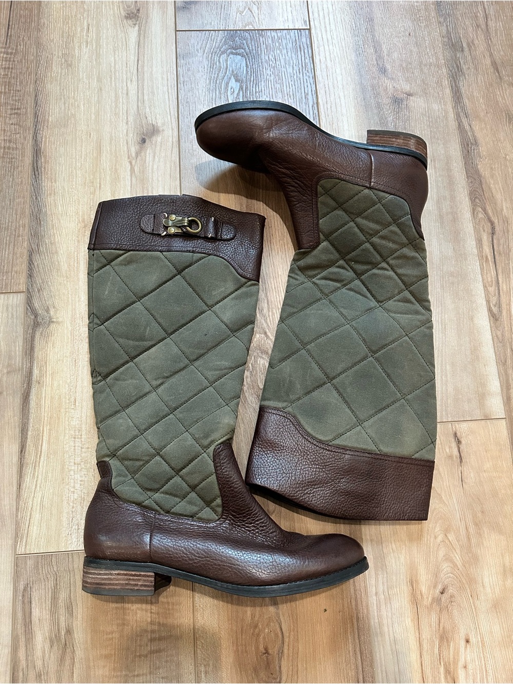 Eddie Bauer Brown Leather Gold Green Quilted Riding Boots 9